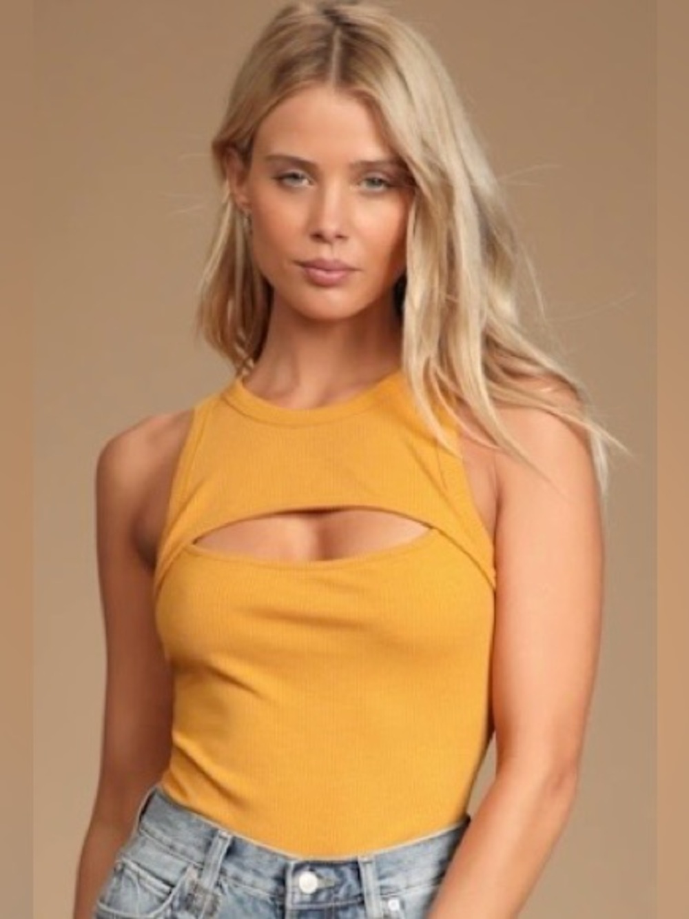 Lulu's | Ribbed Mustard Cutout Bodysuit
